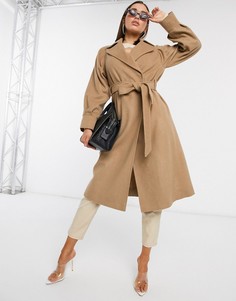 Бежевое строгое шерстяное пальто с поясом Helene Berman-Коричневый