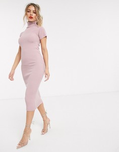 Розовое платье миди в рубчик с короткими рукавами In The Style x Billie Faiers-Розовый цвет