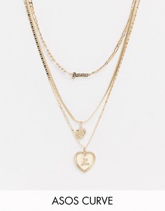 Золотистое многорядное ожерелье со словом "amour" в готическом стиле и подвесками ASOS DESIGN Curve-Золотой