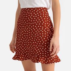 Юбка прямая с воланом и рисунком в горошек La Redoute Collections