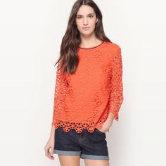 Блузка из кружева с рукавами ¾ и контрастным вырезом La Redoute Collections