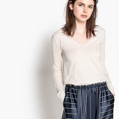 Пуловер с V-образным вырезом и длинными рукавами из тонкого трикотажа, 100% хлопок La Redoute Collections