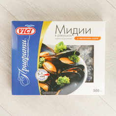Мидии Vici Приорити в ракушках варено-мороженные в чесночном соусе 500 г