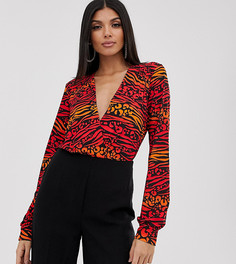 Боди с глубоким вырезом и платочным принтом Flounce London Tall-Мульти