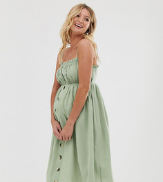 Льняной сарафан миди на бретельках и с пуговицами ASOS DESIGN Maternity-Зеленый