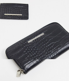 Подарочный набор из бумажника и кошелька для карт черного цвета с лакированной отделкой под кожу крокодила French Connection-Черный