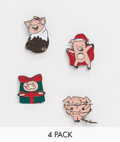 Набор новогодних значков в виде укутанных в одеяло свинок ASOS DESIGN-Мульти