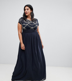 Платье макси с короткими рукавами и отделкой бисером AX Paris Plus-Темно-синий