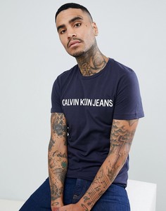 Темно-синяя приталенная футболка с логотипом Calvin Klein Jeans institutional-Белый