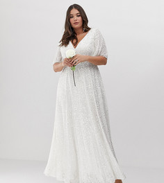 Платье макси с расклешенными рукавами и пайетками ASOS EDITION Curve wedding-Белый