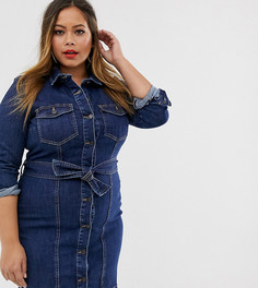 Темно-синее джинсовое платье-рубашка с завязкой на талии Vero Moda Curve-Синий