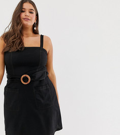 Сарафан мини с квадратным вырезом, деревянной пряжкой и контрастной строчкой ASOS DESIGN Curve-Черный