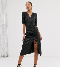 Черное платье миди со сборками и однотонным леопардовым принтом Outrageous Fortune Tall-Синий