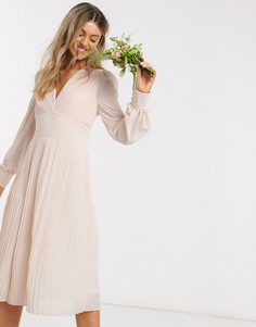 Нежно-розовое платье миди с глубоким вырезом и плиссировкой TFNC bridesmaid-Кремовый