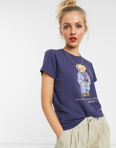 Голубая джинсовая рубашка с принтом плюшевого медведя Polo Ralph Lauren-Темно-синий