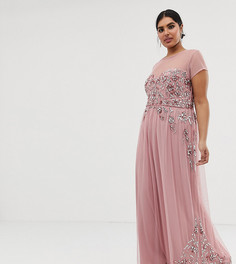 Премиум-платье макси со сплошной декоративной отделкой и сетчатыми рукавами Maya Plus-Розовый цвет