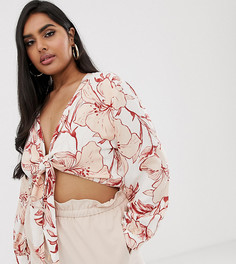 Кроп-топ с тропическим цветочным принтом и узелком Lasula Plus-Мульти