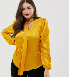 Блузка горчичного цвета с глубоким вырезом и завязкой John Zack Plus-Желтый