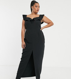 Черное платье макси с открытыми плечами и оборками Vesper Plus-Черный цвет