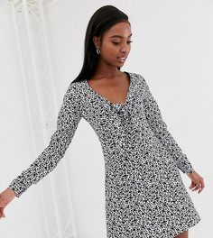 Платье мини с цветочным принтом, длинными рукавами и поясом Glamorous Tall-Черный