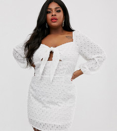 Белое фактурное платье мини с квадратным вырезом, завязкой на воротнике и пышными рукавами Lasula Plus-Белый