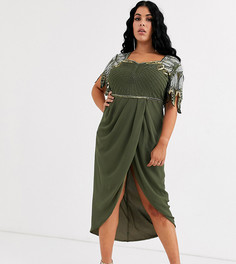 Платье миди цвета хаки с отделкой на плечах и драпировкой Virgos Lounge Plus-Зеленый цвет