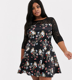 Короткое приталенное платье с цветочным принтом и кружевной отделкой Simply Be-Черный