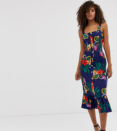 Платье миди на пуговицах и с тропическим цветочным принтом Influence Tall-Синий