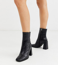 Черные ботильоны для широкой стопы на блочном каблуке с эффектом крокодиловой кожи Co Wren-Черный
