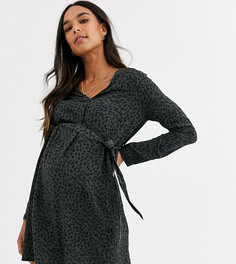 Зеленое платье-рубашка мини в горошек с поясом New Look Maternity-Серый