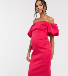 Платье миди цвета фуксии с открытыми плечами и пышными рукавами True Violet Maternity-Розовый