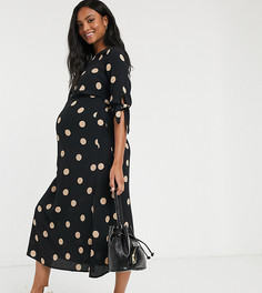 Черное чайное платье миди в горошек с завязками на рукавах New Look Maternity-Черный