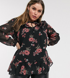 Блузка с завязкой на шее и цветочным принтом Simply Be-Мульти