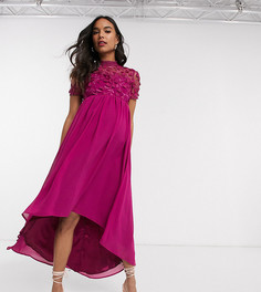 Платье миди цвета фуксии с асимметричным краем и кружевной отделкой Chi Chi London Maternity-Розовый цвет