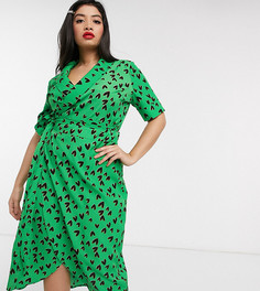 Зеленое платье макси с запахом, разрезом и сердечками Never Fully Dressed Plus-Мульти