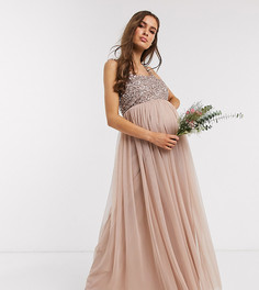 Светло-розовое платье макси без рукавов с квадратным вырезом и пайетками Maya Maternity Bridesmaid-Коричневый цвет