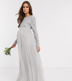 Серебристое платье макси из тюля с длинными рукавами Maya Maternity Bridesmaid-Серый