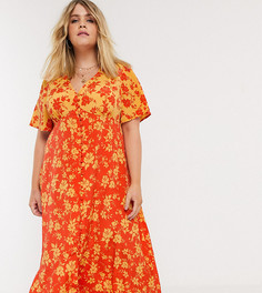 Платье миди на пуговицах с цветочным принтом Neon Rose Plus-Оранжевый