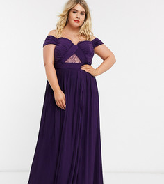 Платье макси с открытыми плечами, плиссировкой и кружевом ASOS DESIGN Curve-Фиолетовый