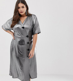 Чайное платье миди с эффектом металлик и металлическими пуговицами ASOS DESIGN Curve-Серебряный