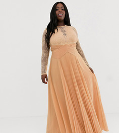 Платье макси с кружевным топом, длинными рукавами и плиссированной вставкой ASOS DESIGN Curve-Оранжевый
