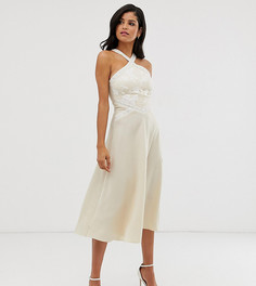 Короткое приталенное платье миди кремового цвета с вышивкой и перекрещенной отделкой на воротнике Little Mistress Tall-Белый