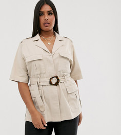 Джинсовая куртка-рубашка с поясом ASOS DESIGN Curve-Бежевый