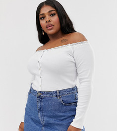 Лонгслив на пуговицах с широким вырезом и кружевной отделкой ASOS DESIGN Curve-Белый