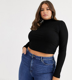 Черный кроп-топ в рубчик, с длинными рукавами и высоким воротом ASOS DESIGN Curve-Черный цвет