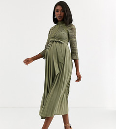 Платье мидакси цвета хаки с кружевной отделкой Little Mistress Maternity-Зеленый