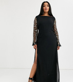 Черное платье макси с длинными рукавами и разрезом Virgos Lounge Plus-Черный