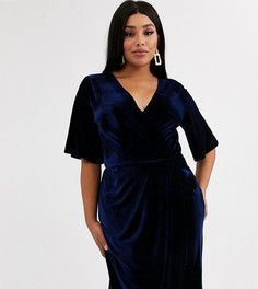 Бархатное платье миди с запахом и широкими рукавами TFNC Plus-Темно-синий