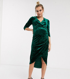 Бархатное платье миди с запахом TFNC Maternity-Зеленый