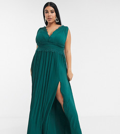 Плиссированное премиум-платье макси с кружевной отделкой ASOS DESIGN Curve-Зеленый